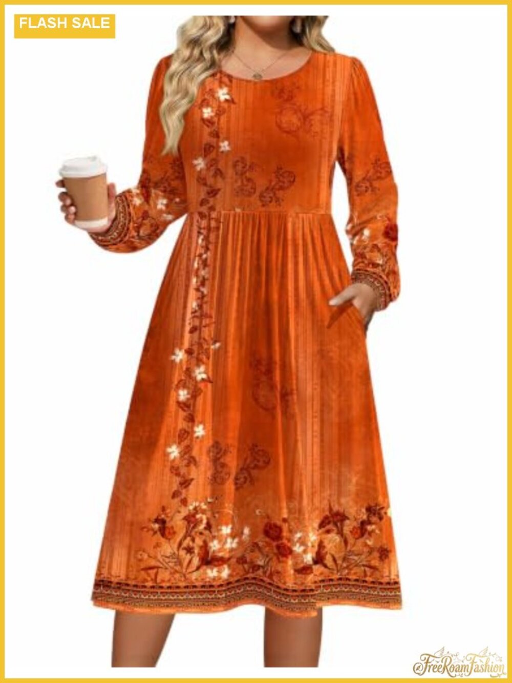 Plus Size Midi Dress Long Sleeve Casual Fall Dress with Pockets